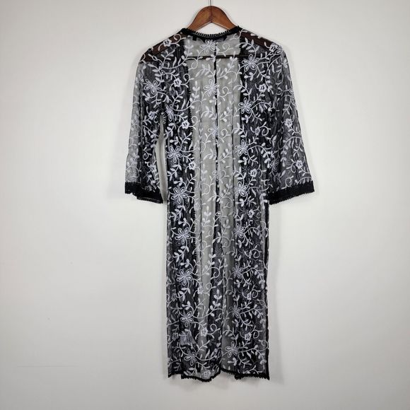 Colleen Lopez XS Duster Cardigan Kimono Embroidered Black White - Picture 6 of 8